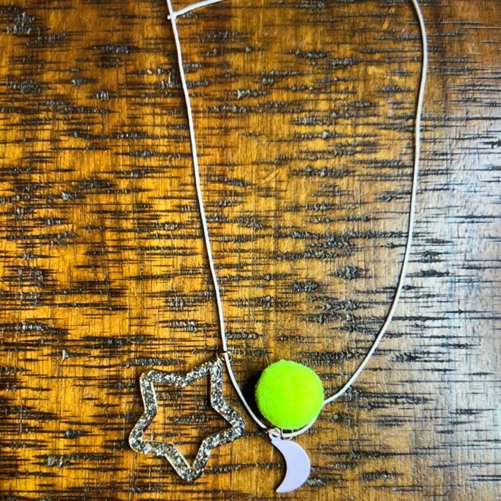 Star and Moon Kids Necklace with Neon Green Pom Pom